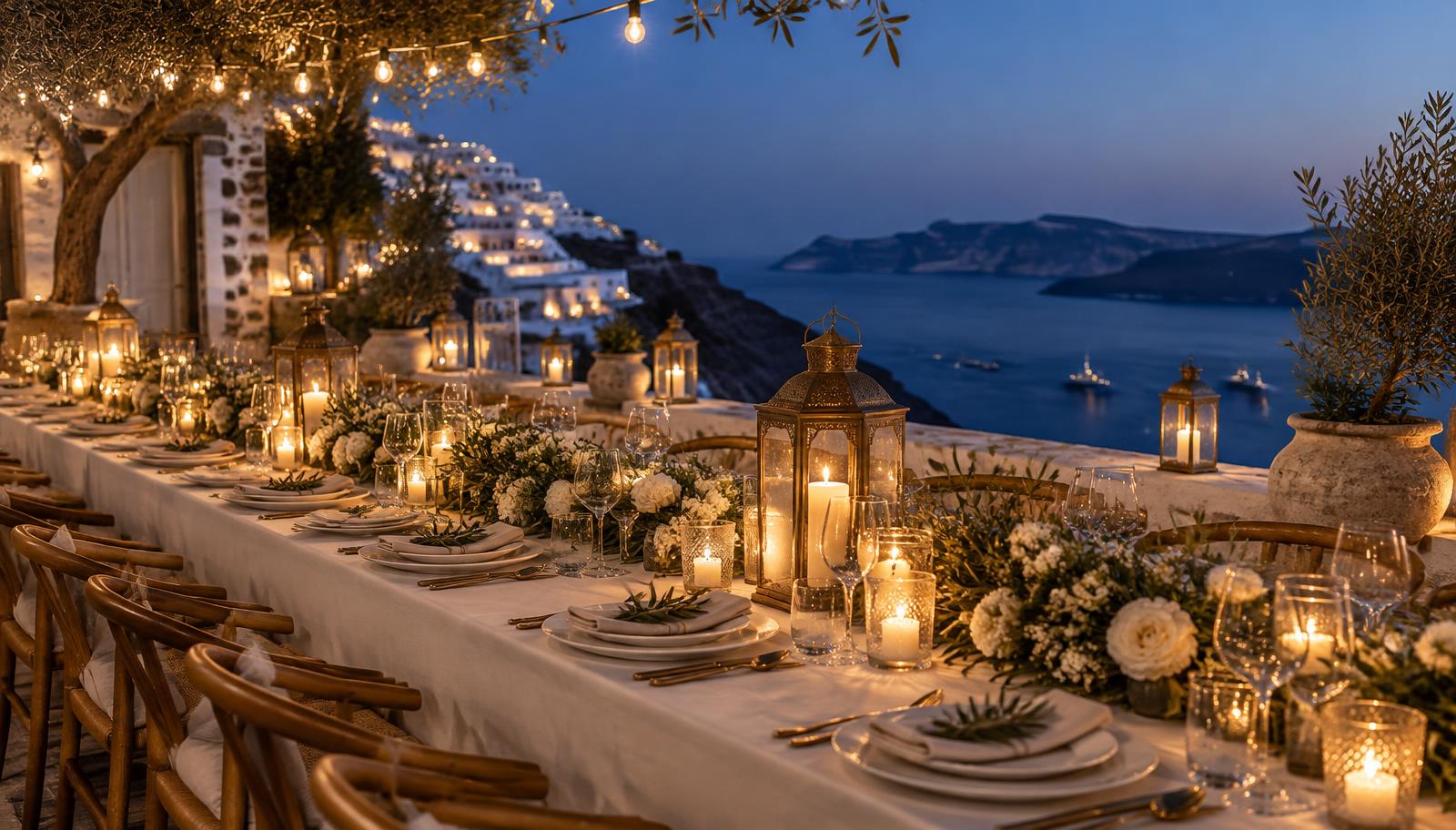 A long candlelit celebration table above the Aegean